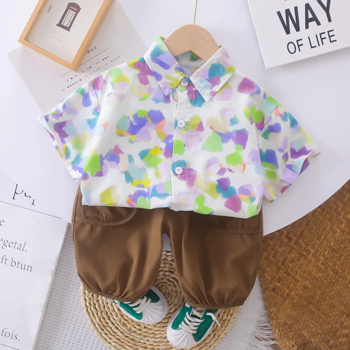 2025 Summer Kids 2PCS Thin Style Lapel Short Sleeve Shirt+Capri Pants Kids Outfit 1-5Y Children's Trendy Casual Clothes Set