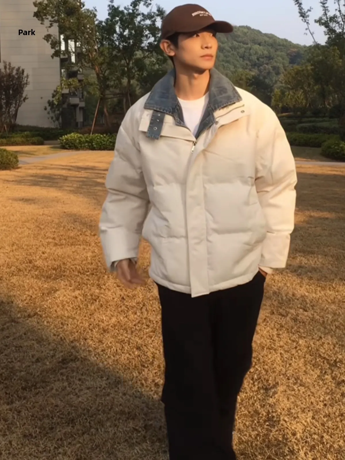 

Men's Denim Patchwork down Cotton Jaet Winter Warm Stand Collar Bread Sle Coat Casual Loose Fit Youth ular Polyester F...