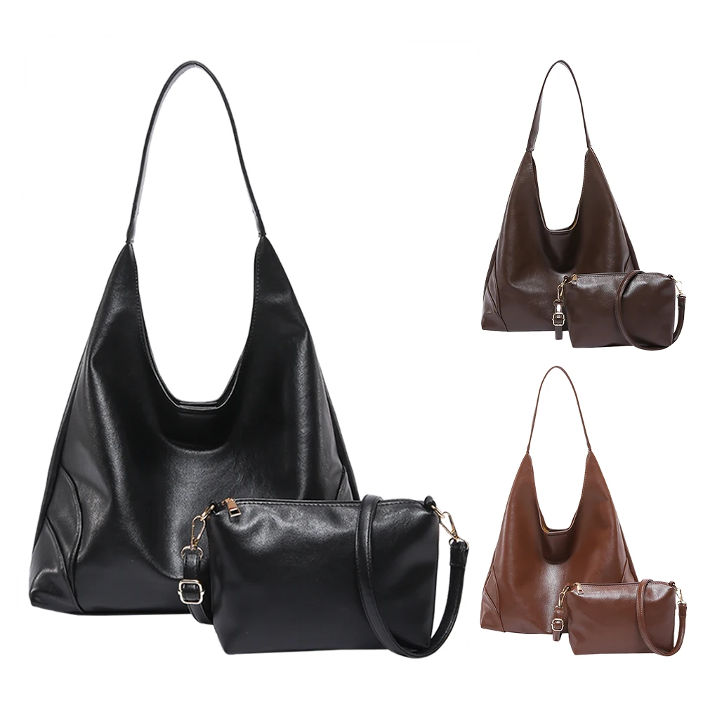 

2pcs Women PU Leather Slouchy Hobo Bag Adjustable Strap Shoulder Purse with Coin Purse Tote Bag Solid for Work Travel