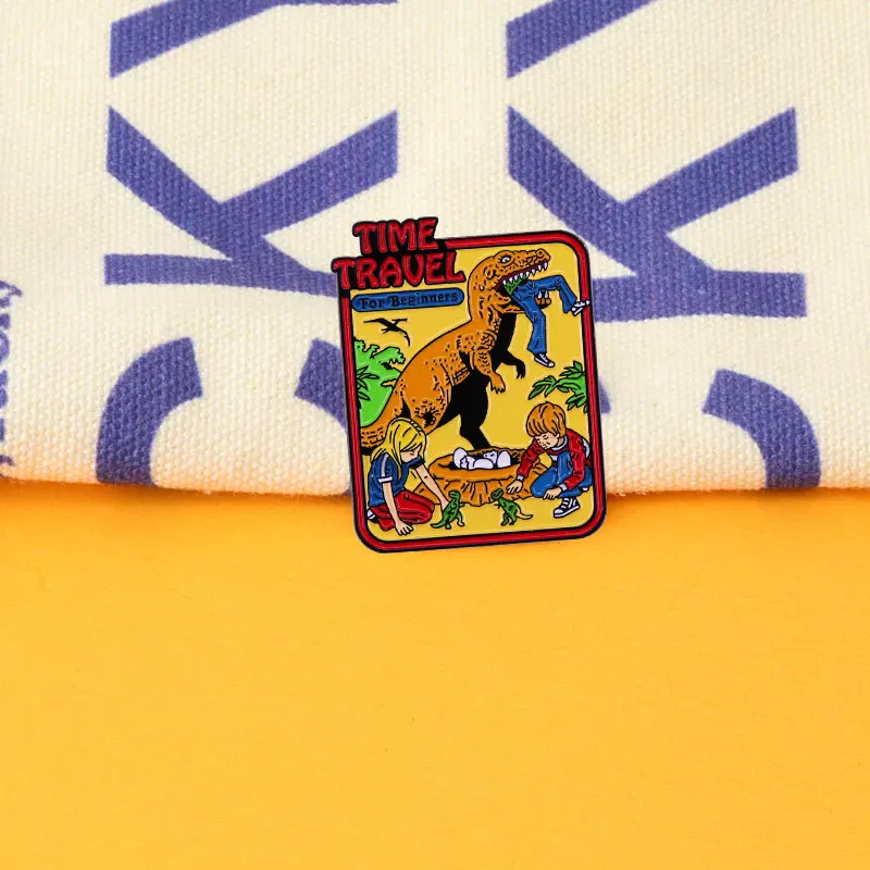 Time Travel for Beginners Enamel Lapel Pin Dinosaur Evil Art Badge Brooch Retro Comic Backpack Decoration Fashion Jewelry