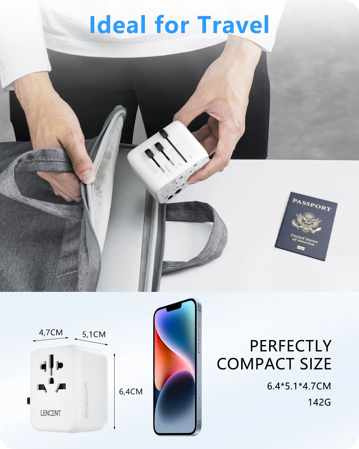 LENCENT محول السفر العالمي شاحن دولي مع 3 منفذ USB 1Type-C PD شحن محول للهواتف المحمولة محول الكمبيوتر المحمول