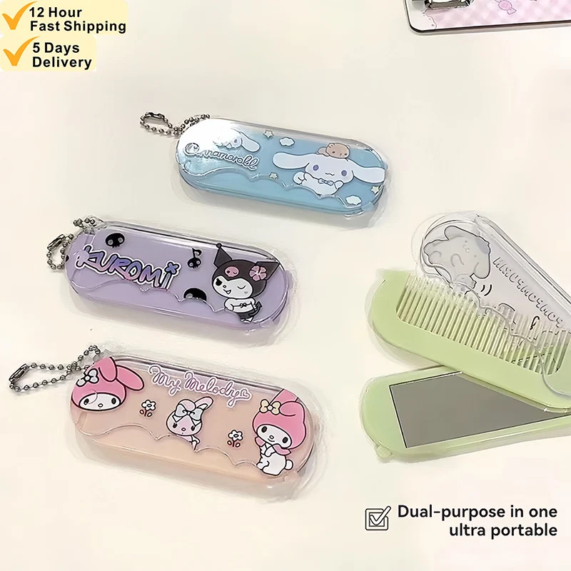 Fashion Sanrio Kuromi Comb Mirror Combination Kawaii Makeup Mirror Small Mirror Foldable Mini Comb Anime Gift Wholesale Melody