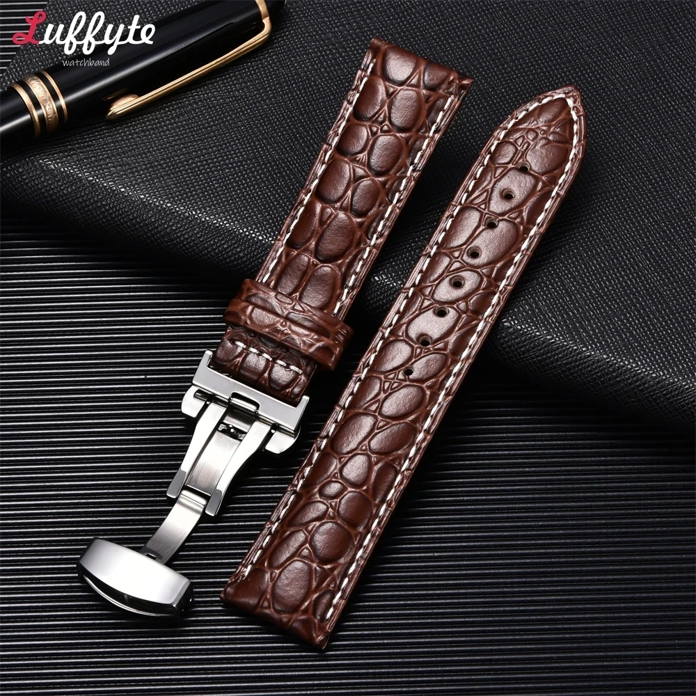 Embossed Leather Strap Watch Band with Automatic Butterfly Clasp Bracelet 18mm 20mm 22mm 24mm Wrist Band Watch Accessories