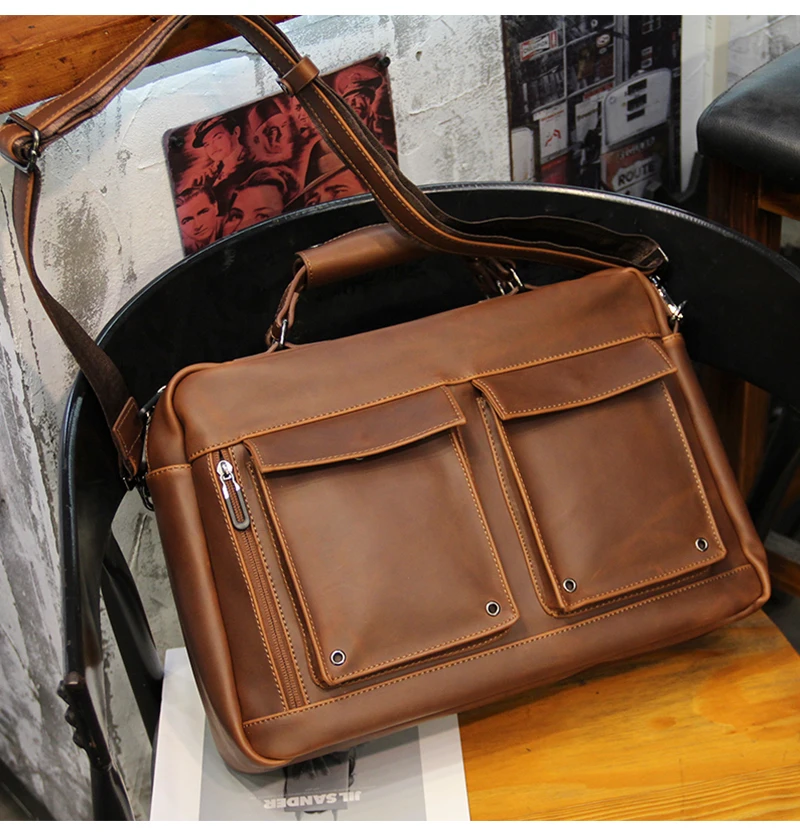 2024 Brown Vintage Men\'s Handbag Business Documents Brief Case 13-14\