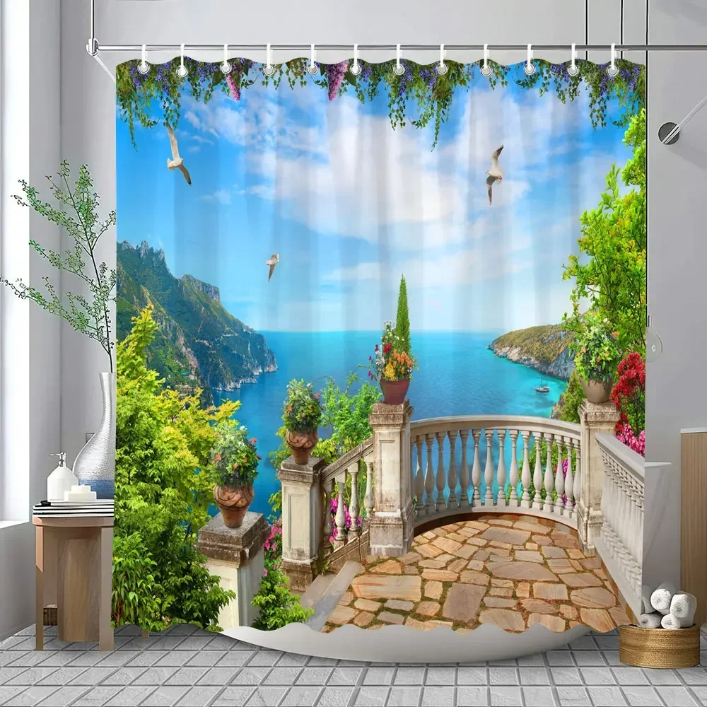 Italian Tuscan Village Shower Curtain Mediterranean Lake Town Arch Flower Green Plant Seascape Waterproof Polyester Bathroom Cur