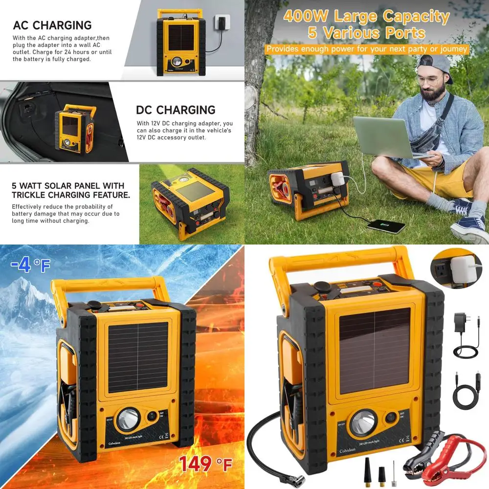 

Автомобильный аккумуляторный стартер 6-в-1 с воздушным компрессором, инвертор 2000A, 260PSI, 400 Вт, перепускной стартер (все газовые 8,5 л дизельные), Sol