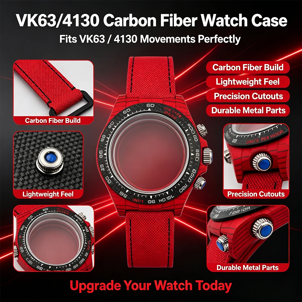 custom Carbon Fiber Watch Case Kit Fits VK63 4130 Movement Replacement Chronograph Watch Shell With Nylon Strap Watch Mod Parts