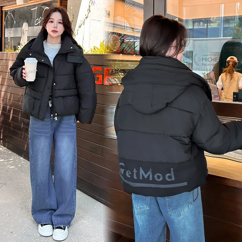 Hooded Women Parkas Jackets Oversize Short Coats Solid Turn Down Collar Zipper Loose Fit Thick Office Lady  Casual 2025 Winter