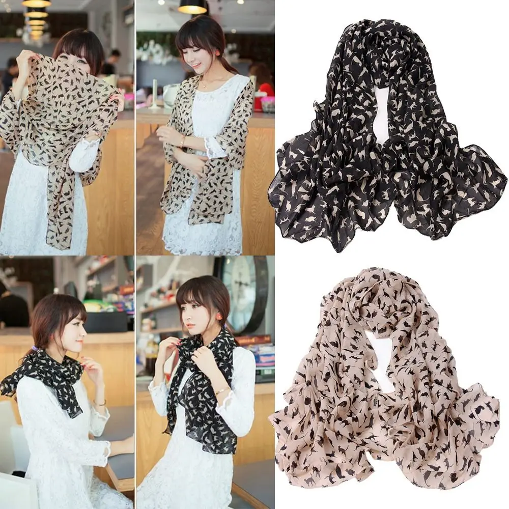 Colorful Women Girls Chiffon Scarf Gift Luxury Brand Design Cartoon Cat Printed Scarf Graffiti Kitten Shawl Scarf