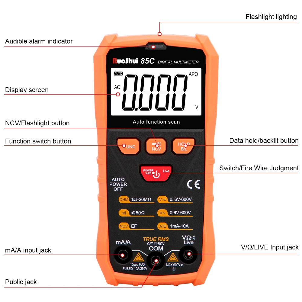 RuoShui 85C 85D High-Precision Multimeter True RMS Auto Recognition HD Large Screen LCD Testing Meter NCV Non-Contact Tester