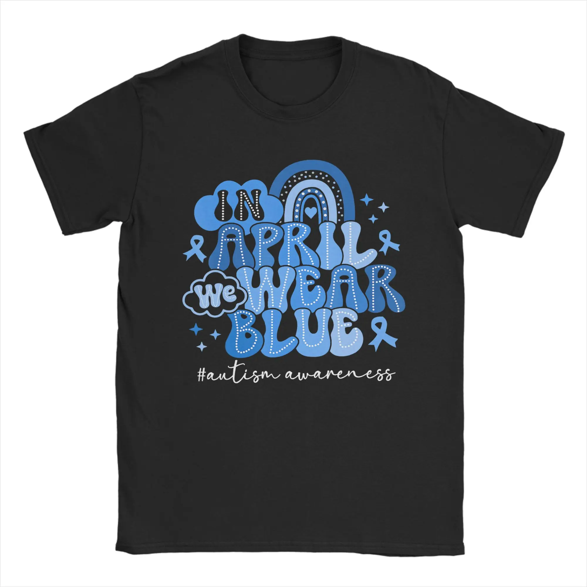 April We Wear Blue Autism Awareness T Shirts Men 100% Cotton Funny T-Shirts Round Collar  Tee Shirt Short Sleeve Clothes Plus