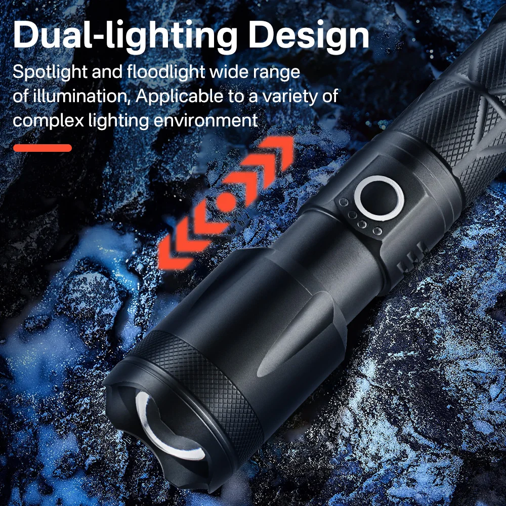 BORUiT 600LM S-55 500M Long range Tactical Zoomable Flashlight functional LED Torch USB Output Light Rechargeable Emergency