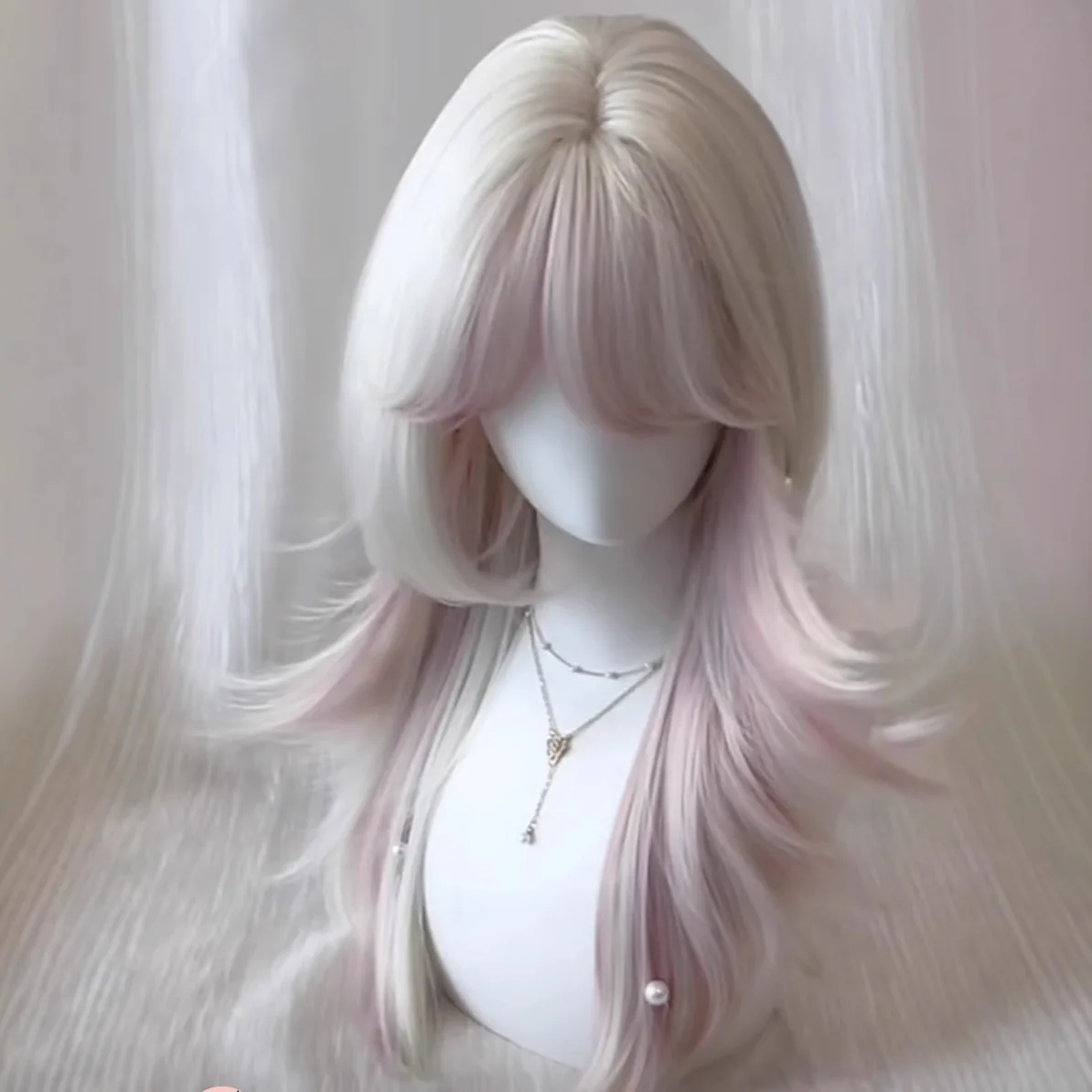 شعر مستعار نسائي طويل مستقيم، رأس قنديل البحر، بيج، تغيير تدريجي، وردي فاتح، رأس كامل طبيعي