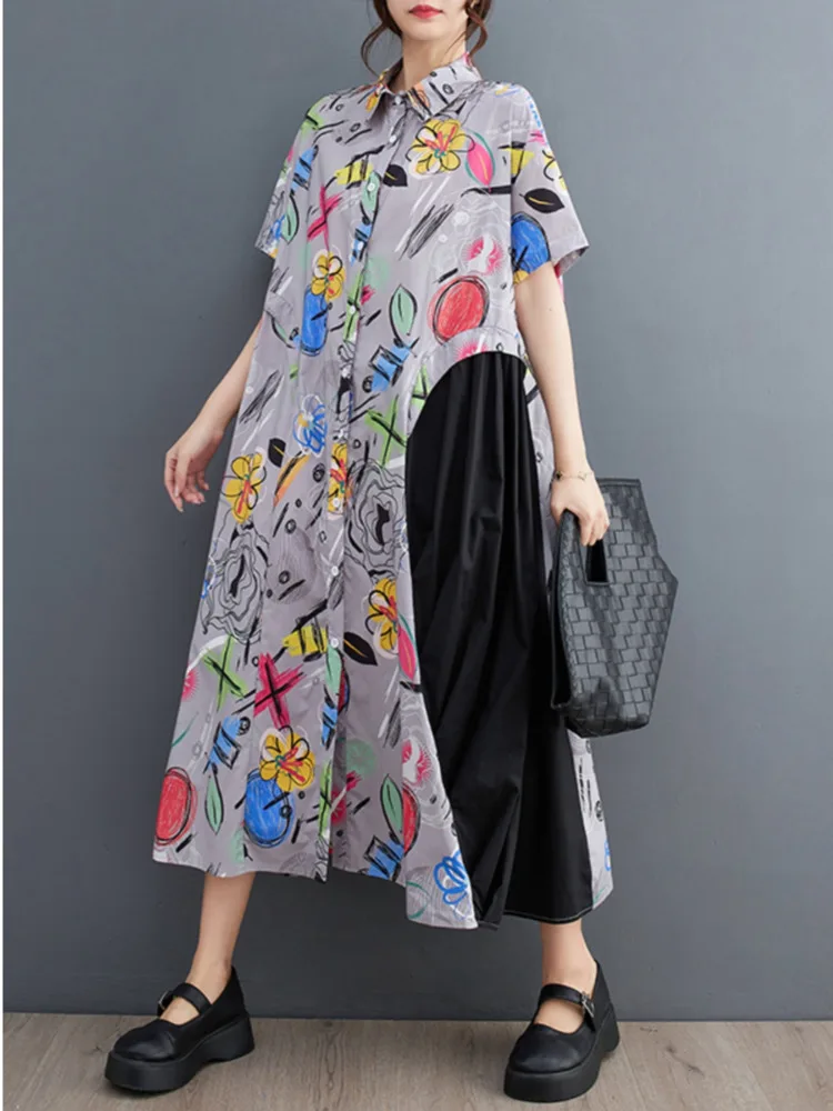 #0154 Summer Vintage Printed Front Button Long Shirt Dress Women Short Sleeve Loose A-line Midi Dress Female Loose Split Joint