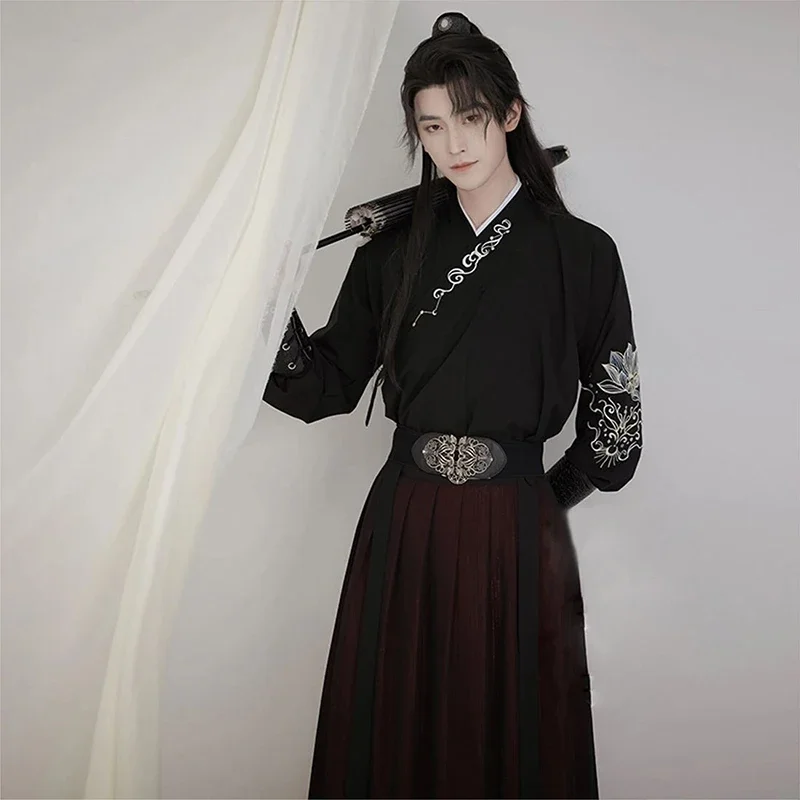 Hanfu Cina ukuran besar 3XL pria bordir tradisional kuno Hanfu kostum Cosplay karnaval pesta tema Hanfu 2 buah set