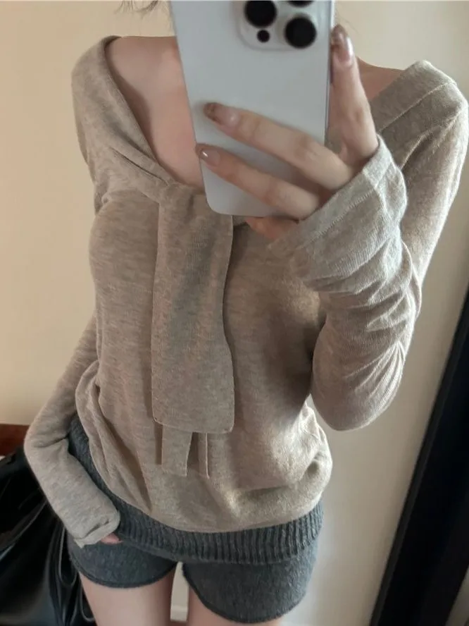 シックな V ネックロングスウェットニットセーター女性のスリムフィットピュアカラーベルト付きトップ韓国 Sle 秋の新着