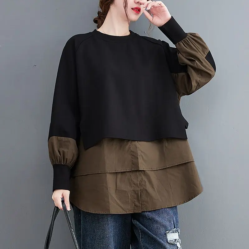 Mode O-hals Gesplitste Plooien Nep Twee Stukken Blouses Dameskleding 2023 Herfst Winter Losse Onregelmatige Tops Casual Shirts