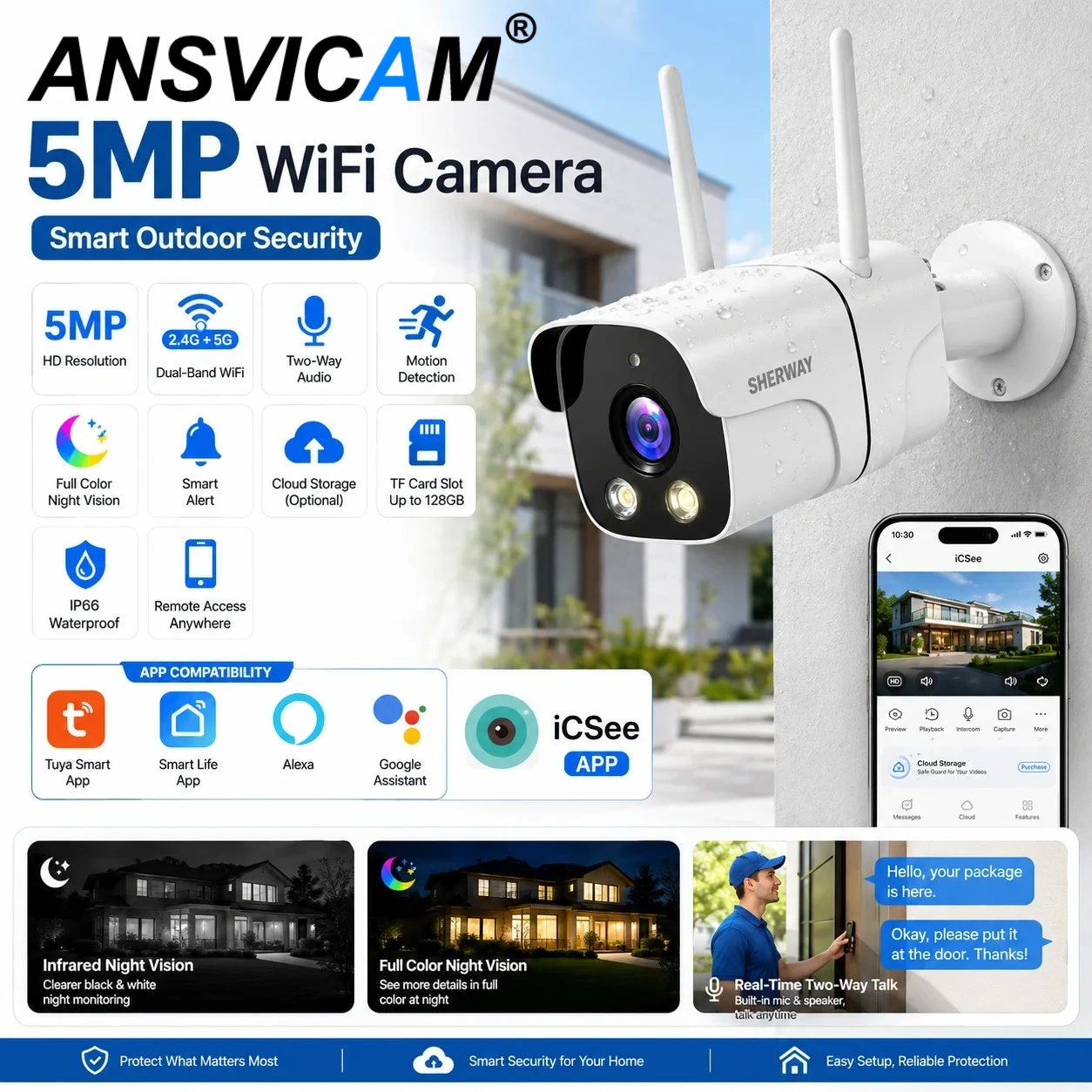 5MP Tuya Smart WiFi Bullet Security Camera Outdoor IP Camera Auto Tracking CCTV Surveillance