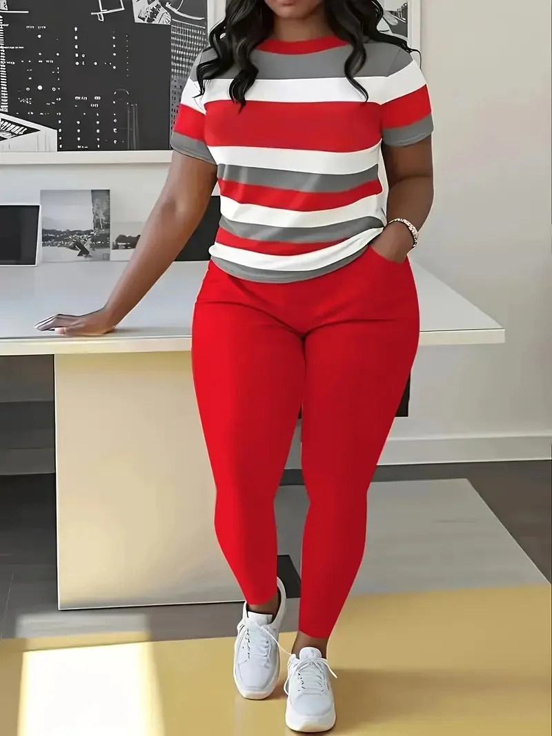 

New Fashion Striped Trousers Shorts Plus Size Ladies Suit Round Neck Pocket Ladies Two Piece Set