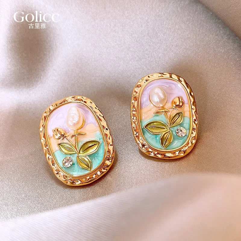 Monet Garden Baroque natural pearl stud earrings women's retro oil painting earrings new 2024 popular earrings summer