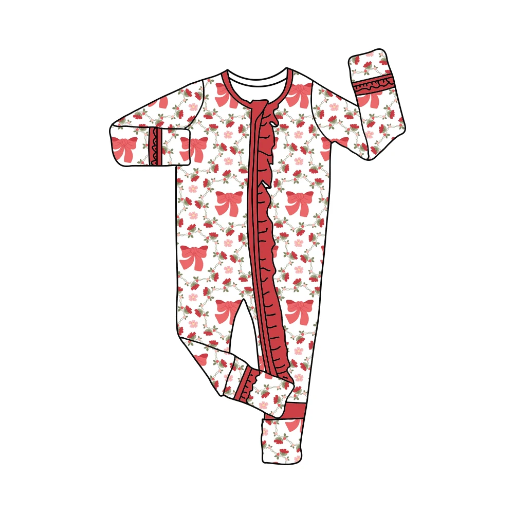 

Boutique Valentine's Baby Girls Cherry Heart Floral Sleepsuit Zipper Long Sleeve Patchwork Strawberry Romper