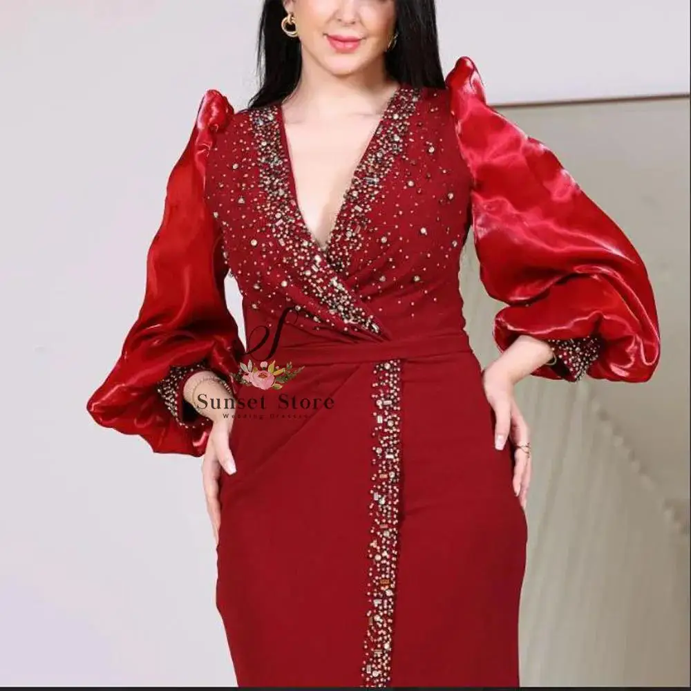 여성용 맞춤형 레드 이브닝 드레스, V넥 랜턴 소매 이브닝 가운, 스플릿 비즈 새틴 정장 웨딩 게스트 파티 드레스