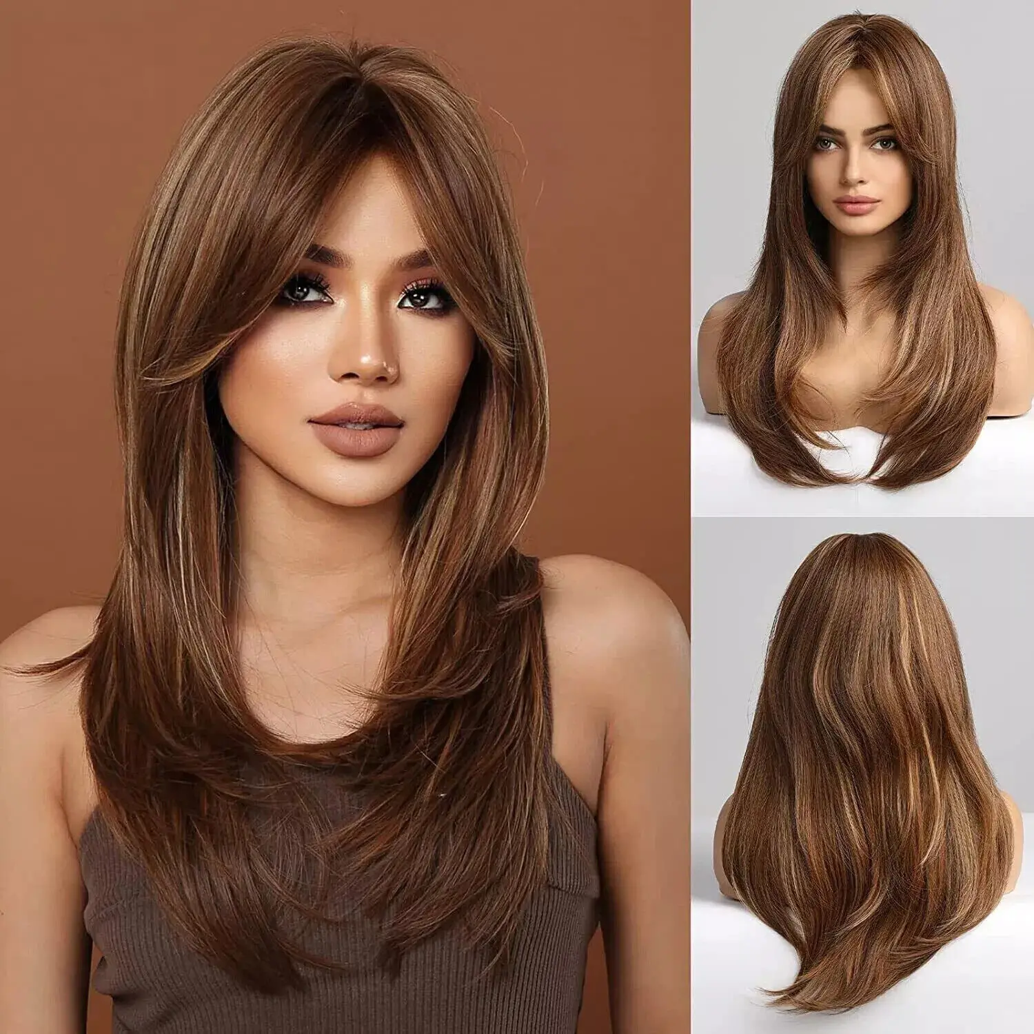 New Women's Long Light Brown Blond Straight Full Wigs 24 Inch