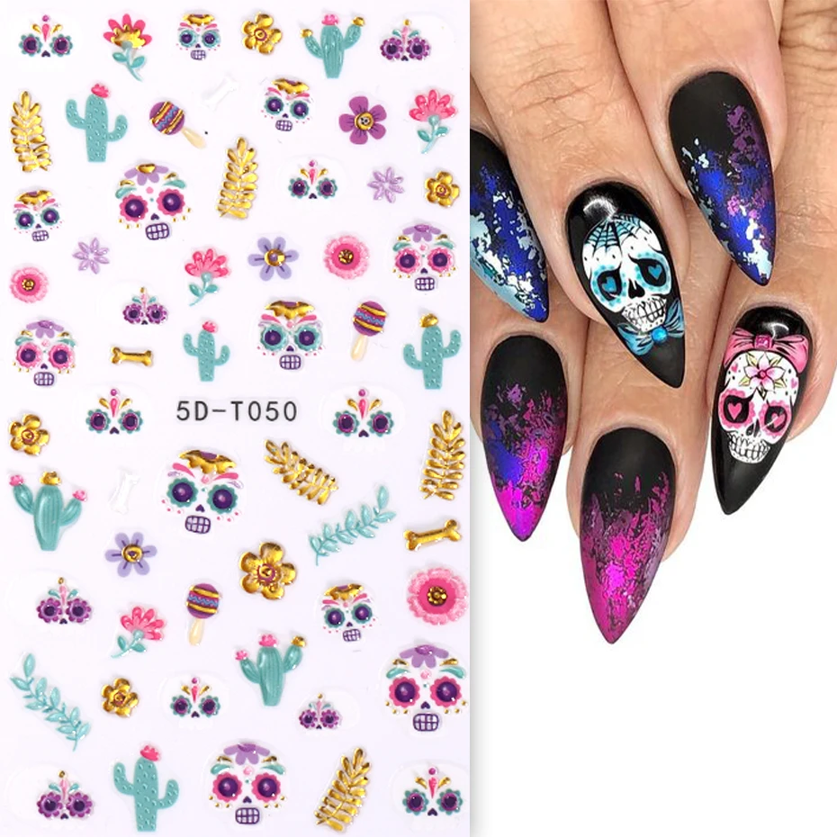 5D Skull Halloween Sticker Bone Sliders Gold Rose Flower Patch Cactus Decals Anime DIY Nail Art Decorations Manicure Accessories