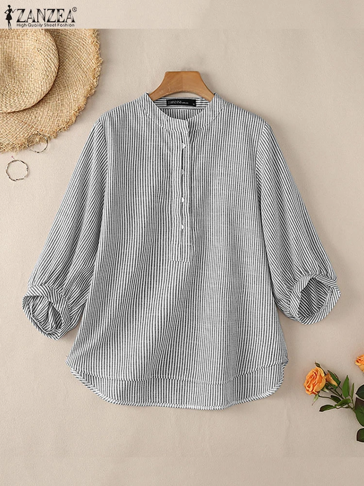 ZANZEA 2024 New 3/4 Lantern Sleeve Blusas Mujer Street Fashion Women Loose Casual Commute Blouses Striped High-Low Shirts