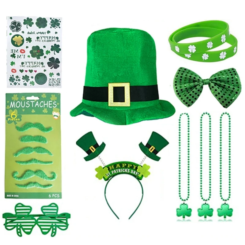 

Vintage St Patricks Day Flat Top Hat with Glasses Delicate Bangles&Beads Necklace Set Festival Party Ladies Props M6CD