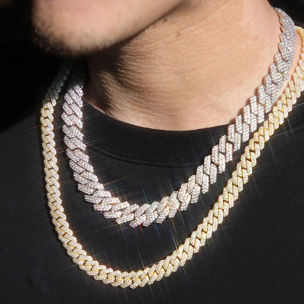 Hot sale 2rows 8 to15mm VVS diamond Cuban Chain For Men Hip Hop Necklace fine Jewelry 925 Silver gold plated Chain bracelet