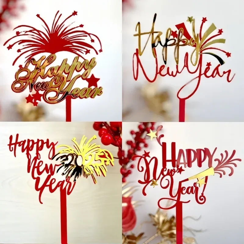 

2026 Acrylic Cake Decoration Happy New Year Star Cake Plug-in Card Party Holiday Festive DIY New Year Cake Decorations Supplies