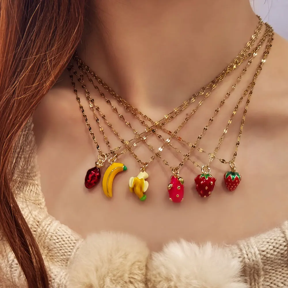 Fashion Cute Vegetable Carrot Fruit Banana Strawberry Fruit Zircon Enamel Charms Dripping Oil Long Clavicle Choker Jewelry Gift 