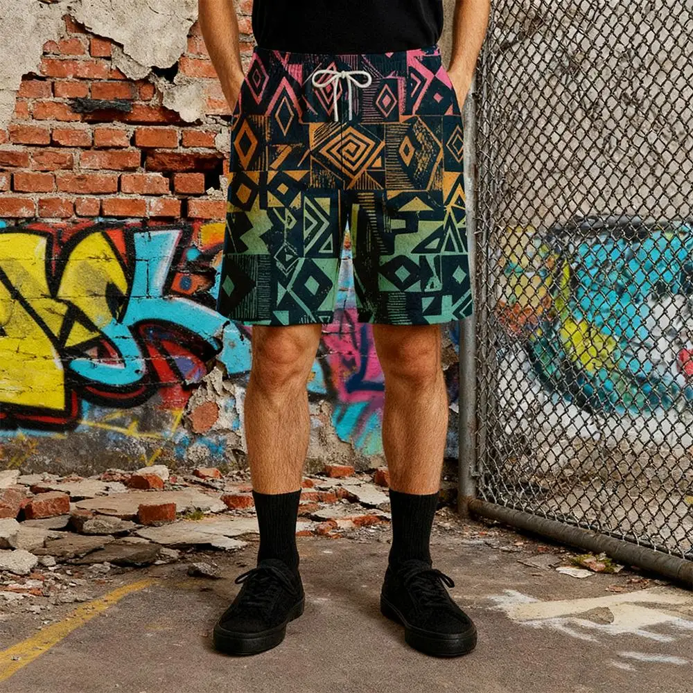 

Men's Geometric Print Casual Shorts Street Style Comfortable And Loose Fit Bottoms 2025 Summer Beach Wear Printed Shorts