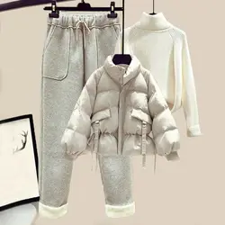 2022 Winter Women Warm Tracketsuit Female Fashion Suit quilted Jacket +pullover Sweater Top And Pant Three Pieces Set Outwear