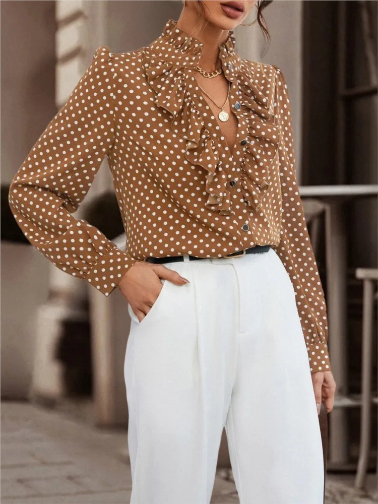 Vintage Polka Dot Print Langarm hemden für Frauen gerafften Stehhals elegante Bluse geknöpft Top Frühling ausgehen Street Wear