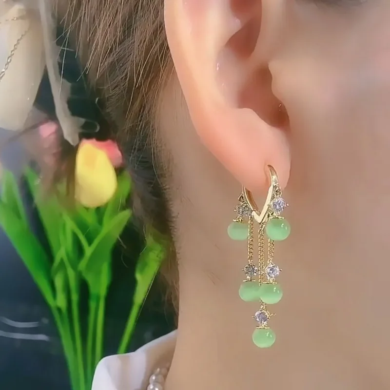 Korean Elegant Green Opal Tassel Earrings for Women Vintage Temperament Crystal Hoop Earring Bride Wedding Party Jewelry Gift