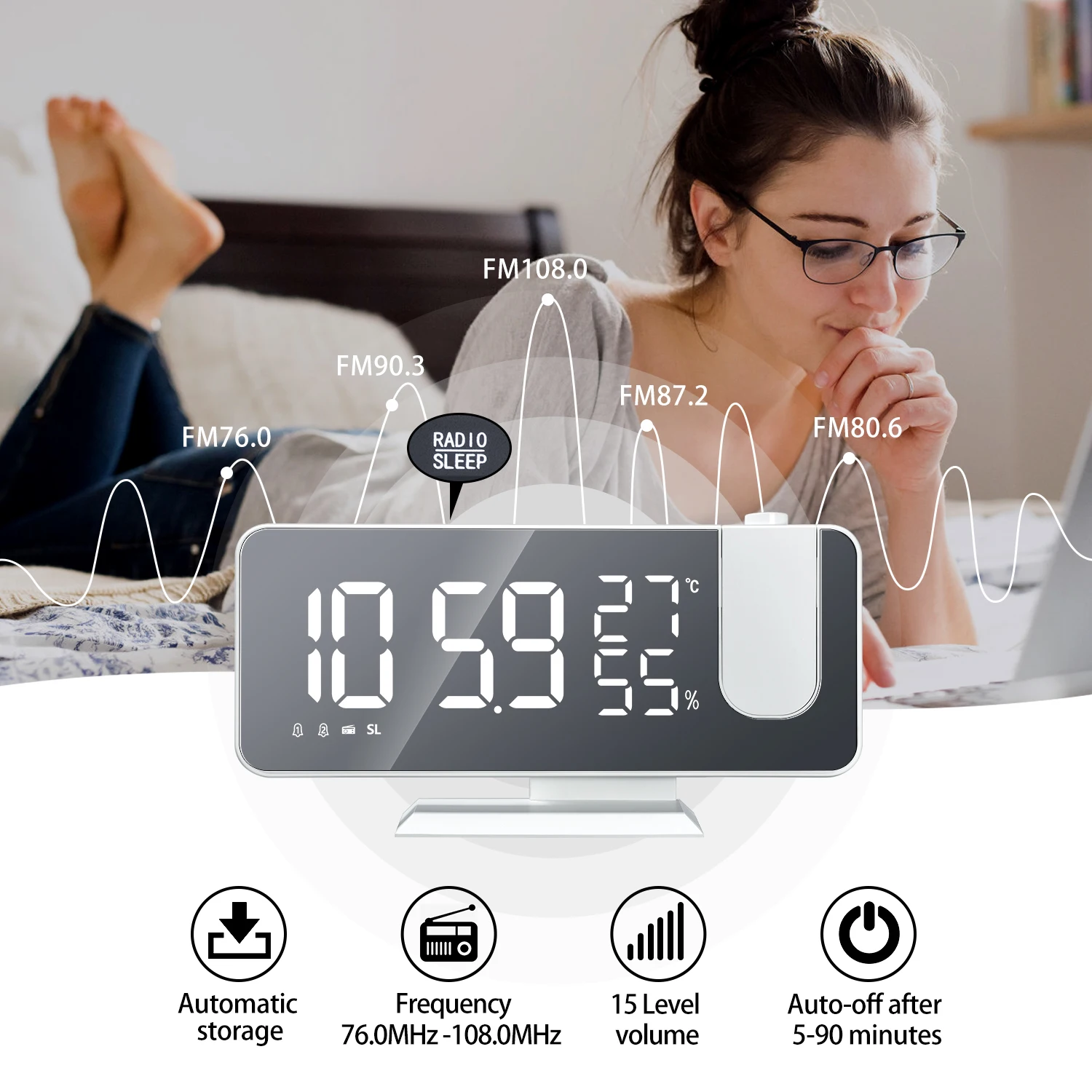 LED Digital Alarm Clock Watch Table Electronic Desktop Clocks USB Wake Up FM Radio Time Projector Snooze Function 2 Alarm