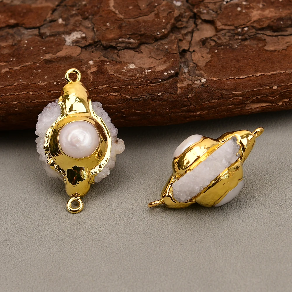 

APDGG 5 шт. культивированный белый жемчуг натуральный кварц Druzy необработанные позолоченные бусины разъем для ювелирных изделий DIY