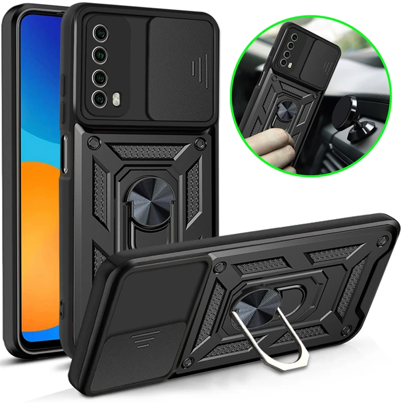 For Huawei Y6A Y7A Y9A Case Slide Camera Lens Protect Armor Phone Case For Huawei Y6P Y7P Y8P Magnetic Holder Ring Back Cover