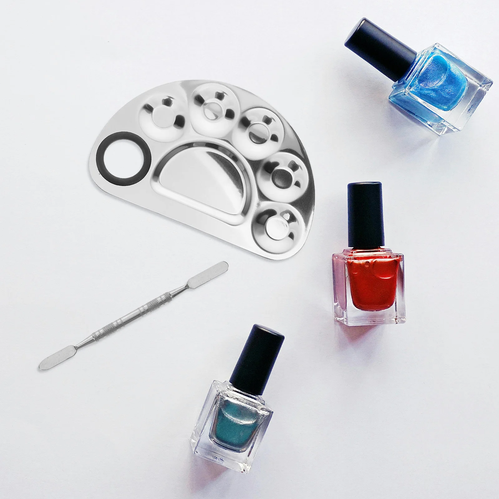 파운데이션 믹싱 팔레트 스테인리스 스틸 네일 아트 팔레트 세트, 쉬운 색상 혼합 메이크업 아티스트 필수 키트