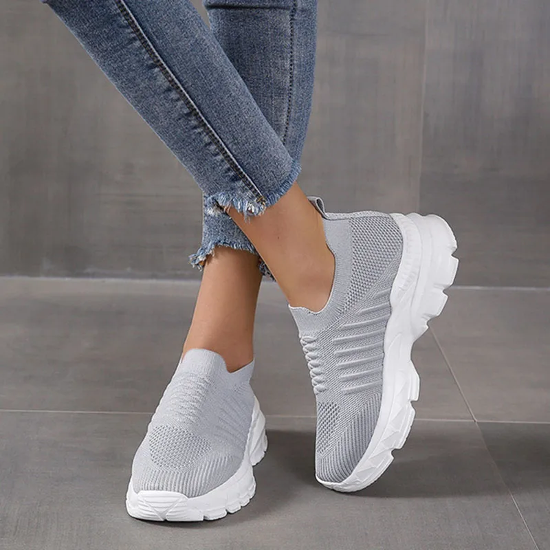 Women Platform Casual Shoe Summer Mesh Breathable Woman Sneakers Knitted Solid Color Slip-On Ladies Walking Shoes Female Flats