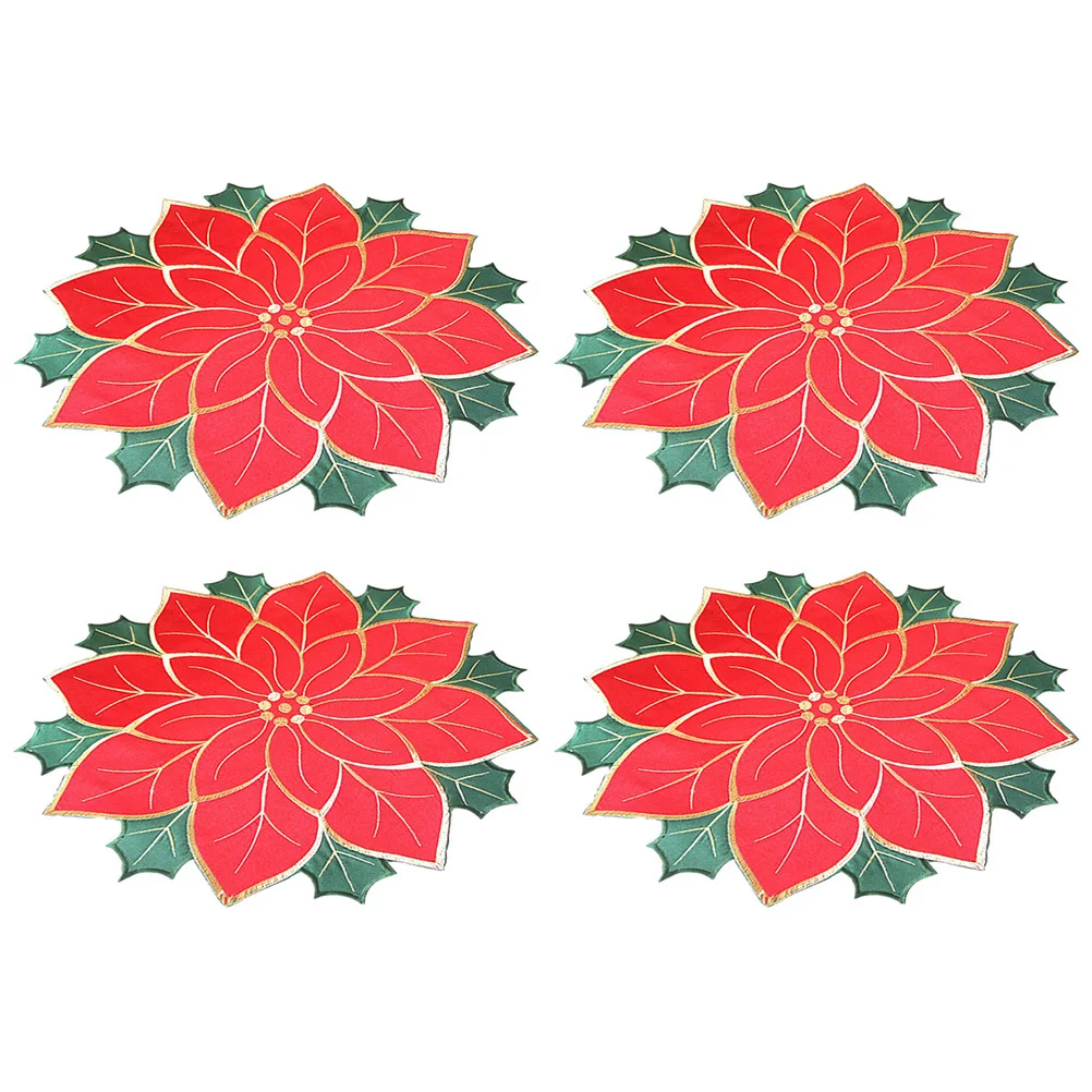 

4pcs Large Christmas Style Poinsettia Placemat Heat-Resistant Dining Mat Reusable Tabletop Decoration Insulation Plate Pad