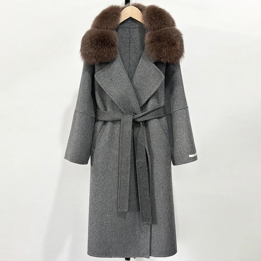 OFTBUY Langer, warmer, eleganter Wintermantel mit Gürtel, neue Damen-Doppelmantel aus Wolle mit echtem Fuchsfellkragen und -manschetten – Detail 18