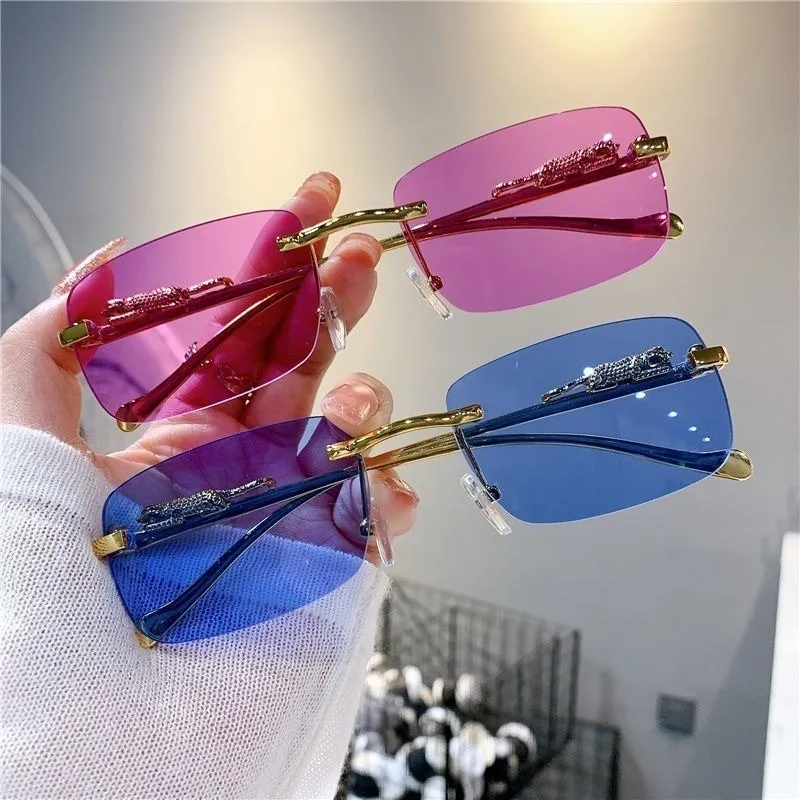 Retro Korean Sunglasses Seaside Cheetah Decorative Frameless Glasses Anti UV400 Gradient Cut Lens Elegant