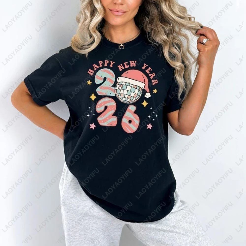 Happy New Year 2026 Disco Ball Christmas Graphic T Shirts for Women Men Clothing Hoppy Xmas Vacation Party Gift Short-sleev Tops