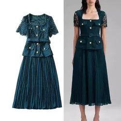 High Quality Lady Lace Summer A Line Midi Long Casual Women Elegant Retro Office Pleated With Belt Party Dresses