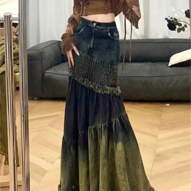 Heavy Industry Stitching Denim Fishtail Skirt Season New Chic High Waist Sheath Dress for Women