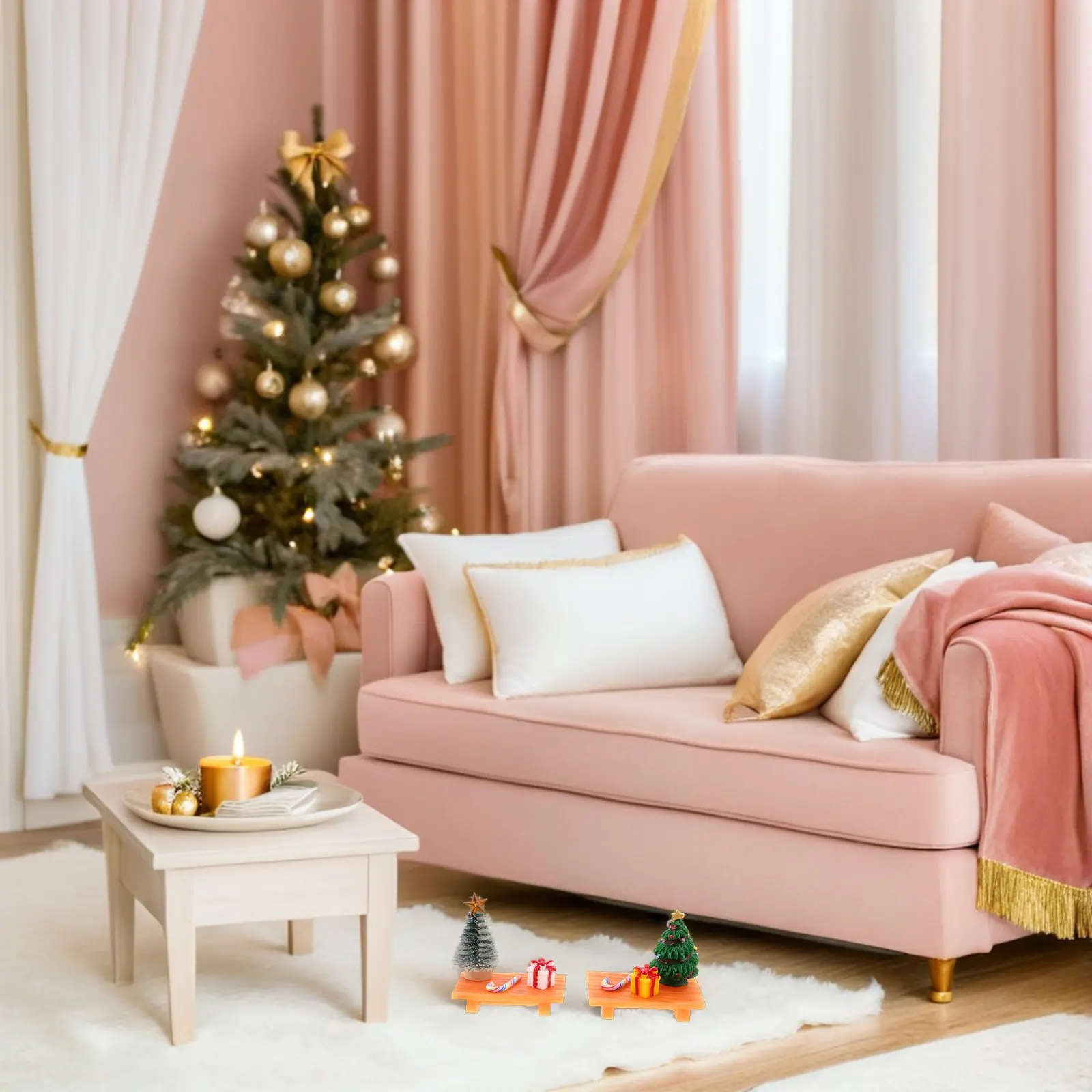 2Sets Miniature Christmas Dollhouse Accessories Candy Cane Present Box Tree Bench Chair Holiday Micro Scenes Ornaments