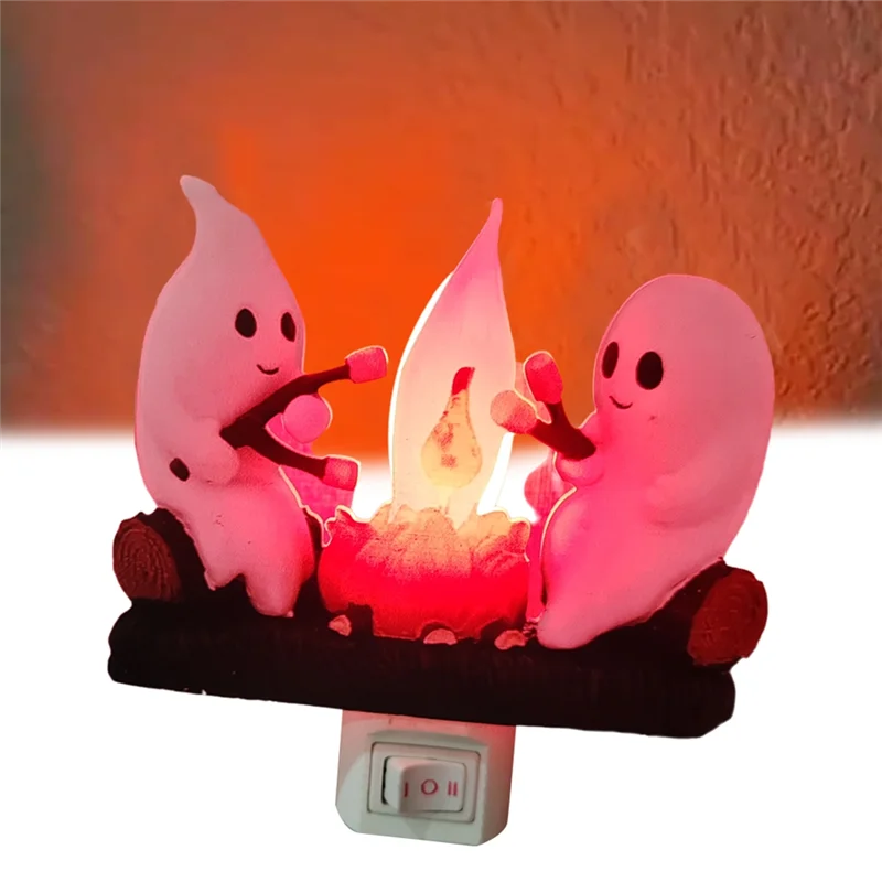 

N08R Ghost Campfire Flickering Night Light Flame Halloween Nightlight 3D LED Small Faux Campfire Night Light Decor